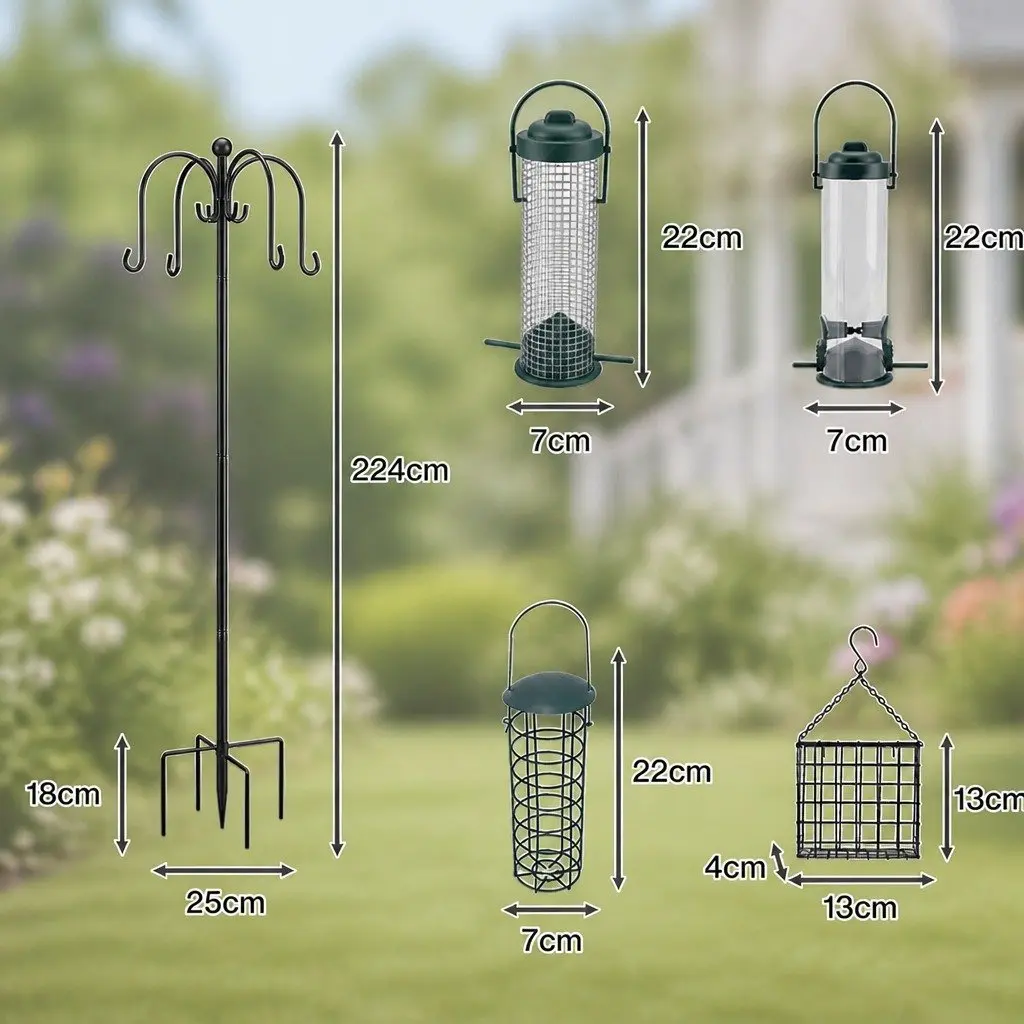 Hanging Bird Feeder Station Outdoor Adjustable Height 224cm Black with 8 Hooks and 4 Feeders