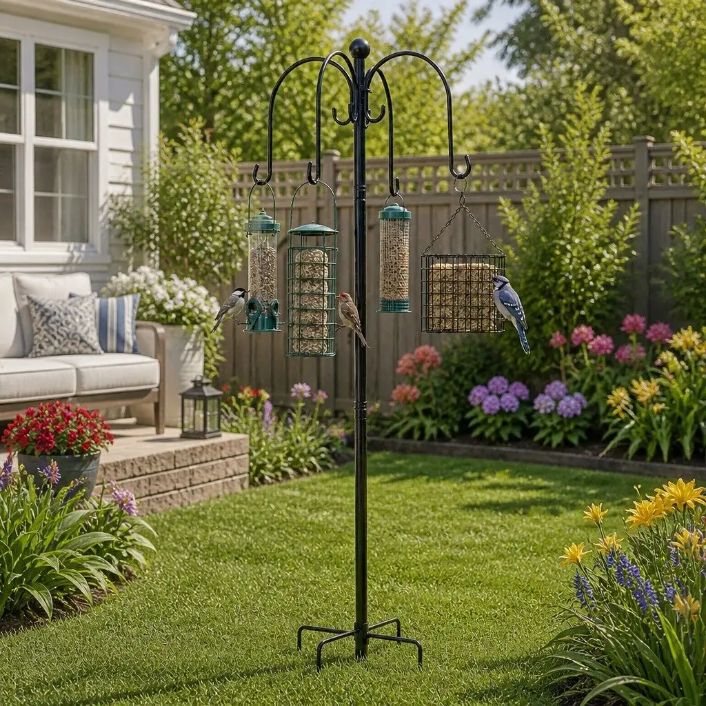 Hanging Bird Feeder Station Outdoor Adjustable Height 224cm Black with 8 Hooks and 4 Feeders