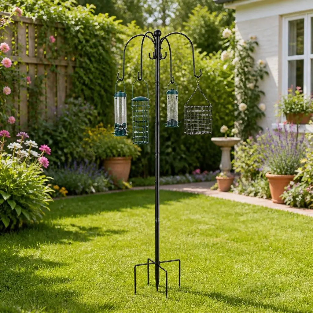 Hanging Bird Feeder Station Outdoor Adjustable Height 224cm Black with 8 Hooks and 4 Feeders