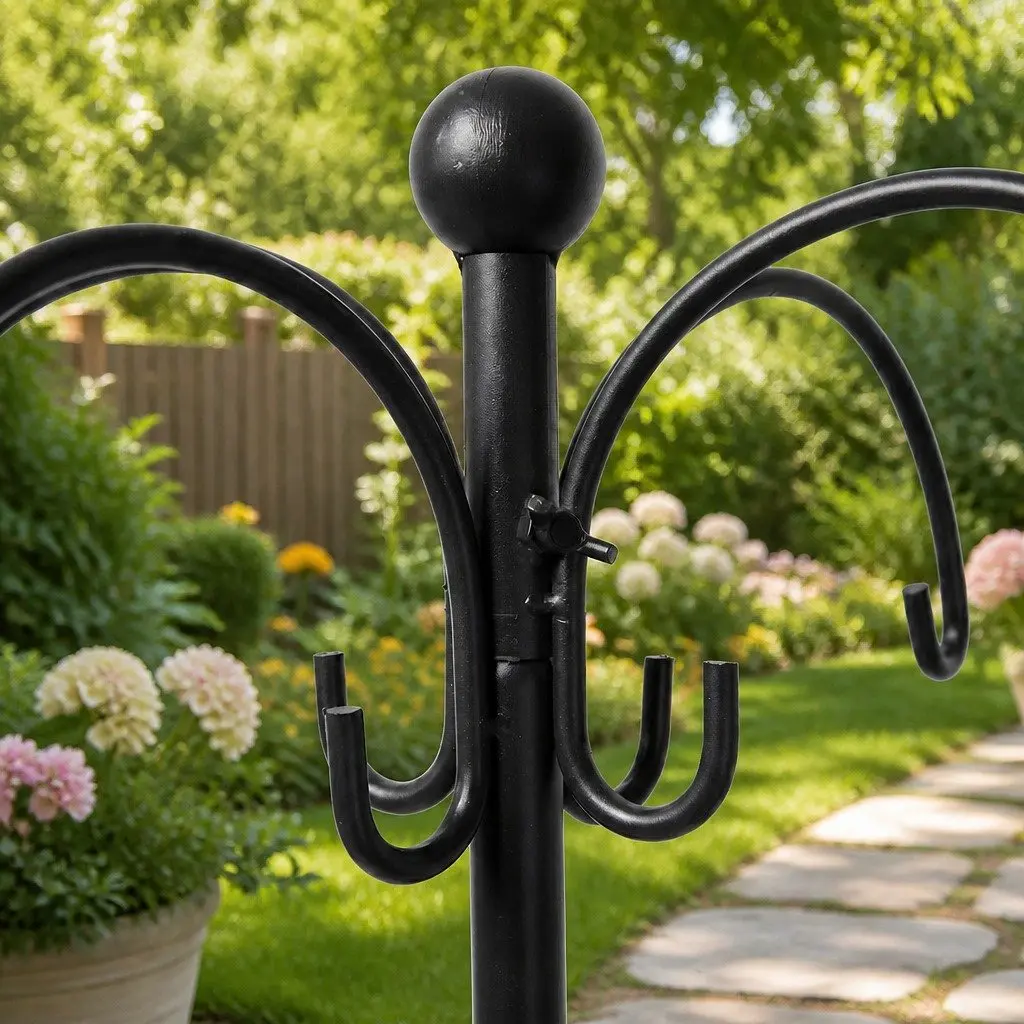 Bird Feeder Pole Station Adjustable Height 224cm 8 Hooks Black Outdoor Garden Stand