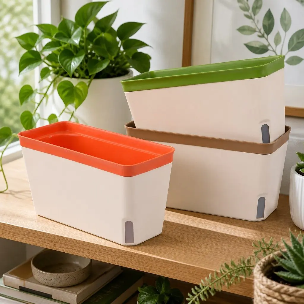 Self Watering Plant Pots Indoor Planter Box 27cm Green Orange Brown