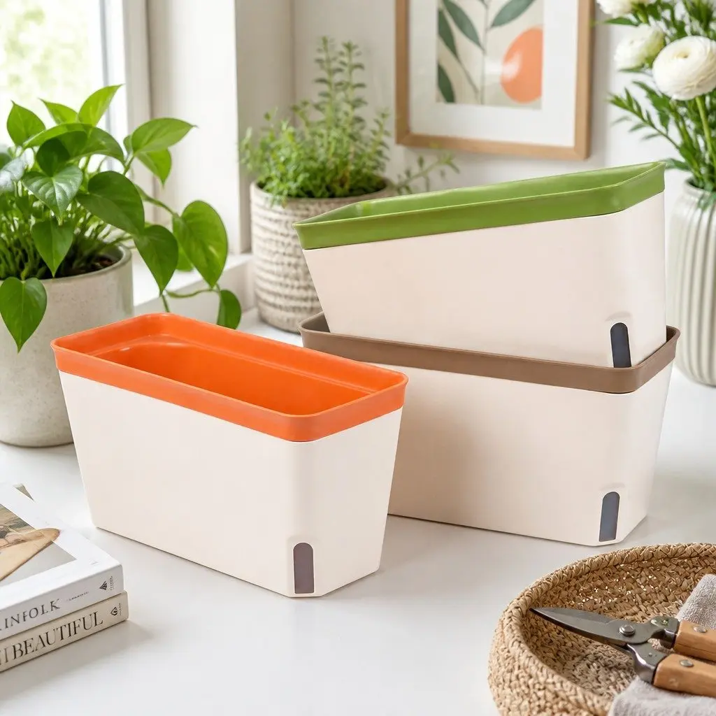 Self Watering Plant Pots Indoor Planter Box 27cm Green Orange Brown