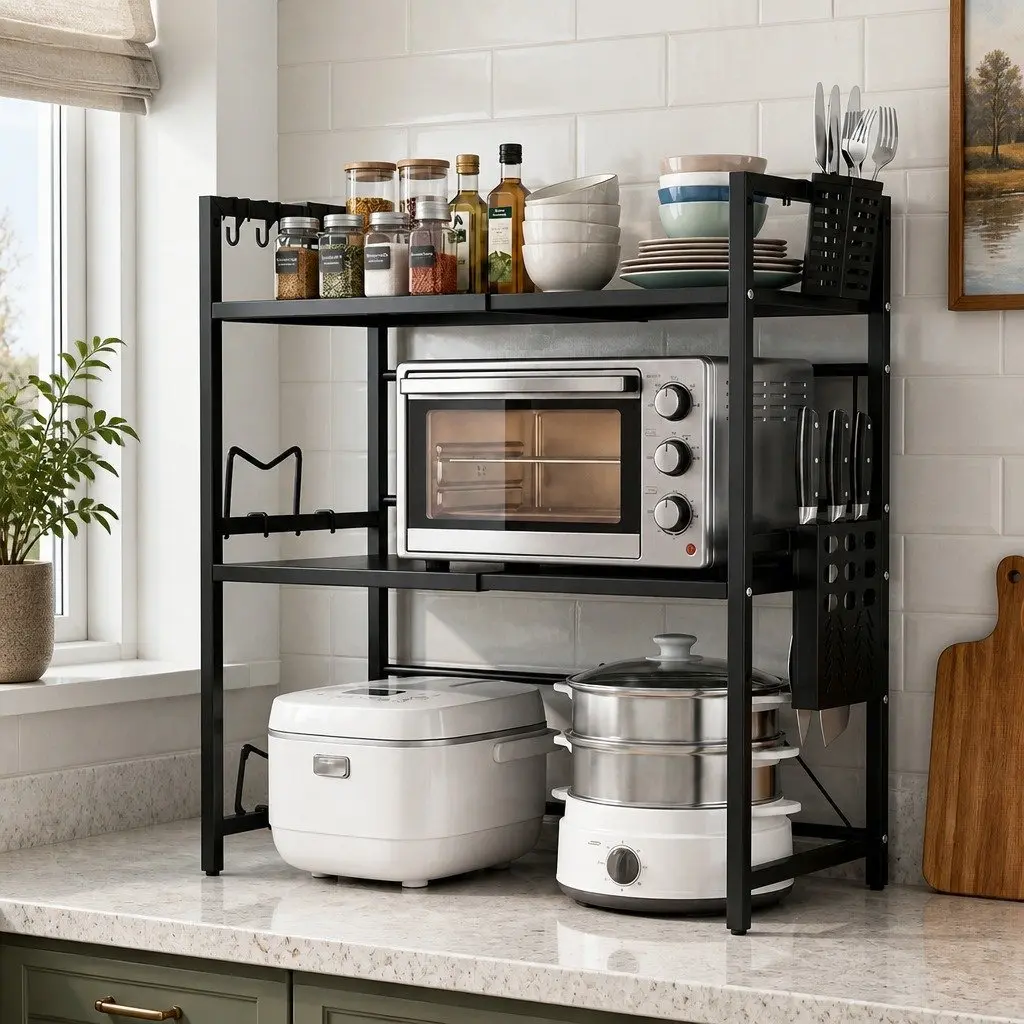 3 Tier Microwave Shelf Adjustable Extendable Kitchen Storage Rack Stand