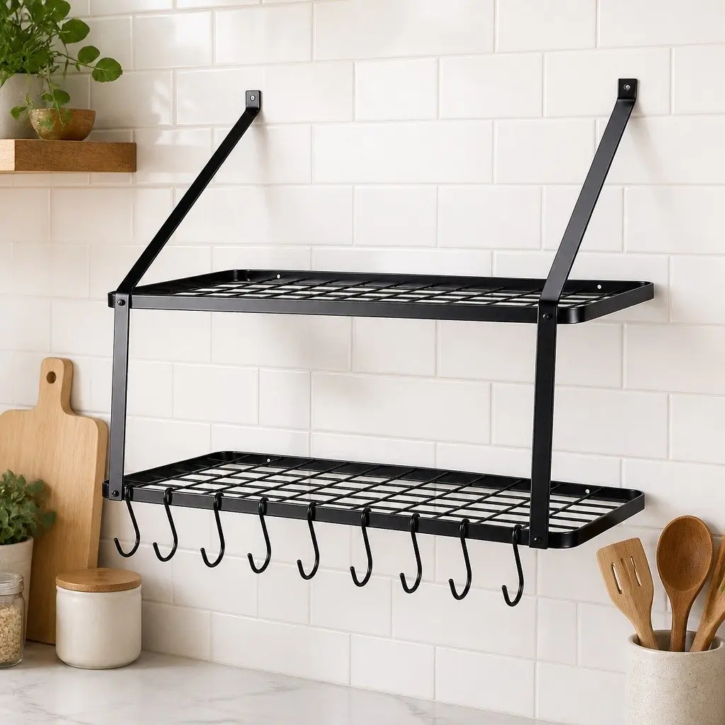 Wall Mounted Pot Pan Rack Kitchen Storage Organizer 10 Hooks Black