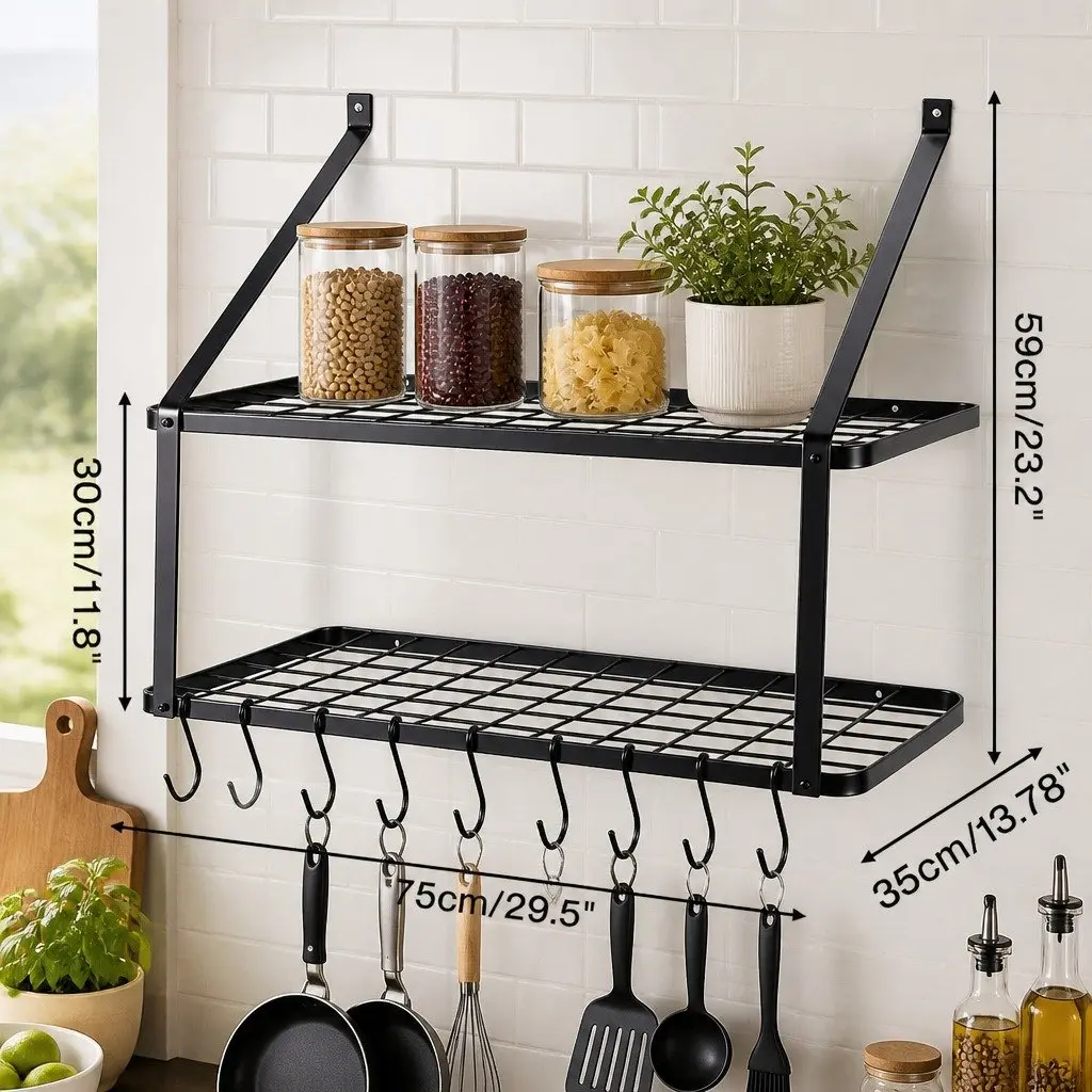 Wall Mounted Pot Pan Rack Kitchen Storage Organizer 10 Hooks Black