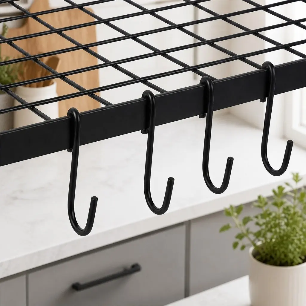 Wall Mounted Pot Pan Rack Kitchen Storage Organizer 10 Hooks Black