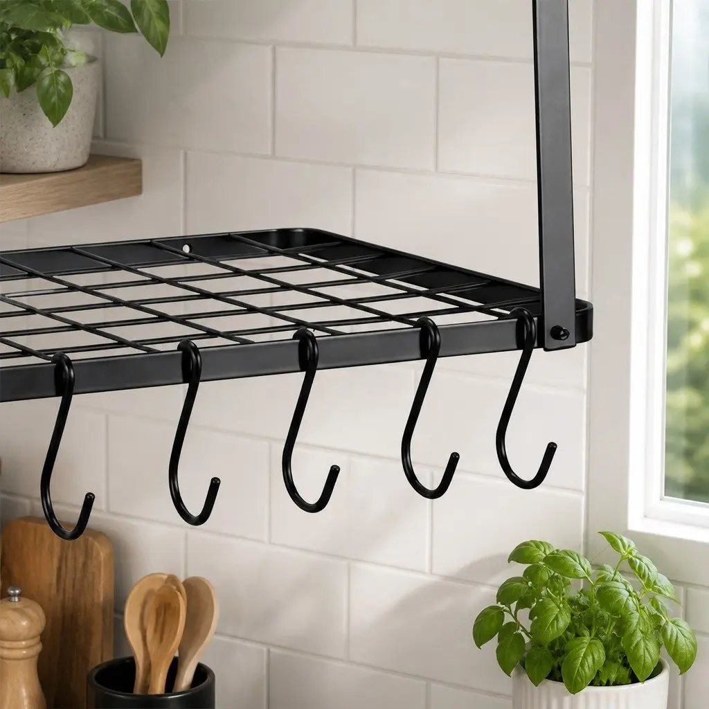 Wall Mounted Pot Pan Rack Kitchen Storage Organizer 10 Hooks Black