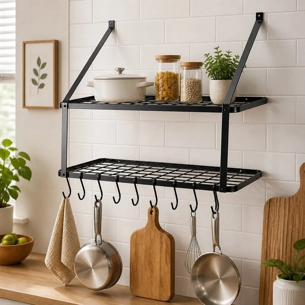 Wall Mounted Pot Pan Rack Kitchen Storage Organizer 10 Hooks Black