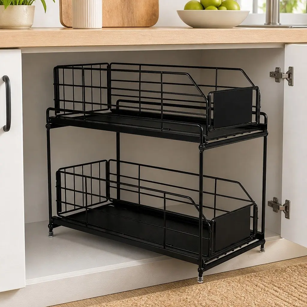 2 Tier Pull Out Cabinet Organizer Sliding Kitchen Storage Rack Under Sink Basket