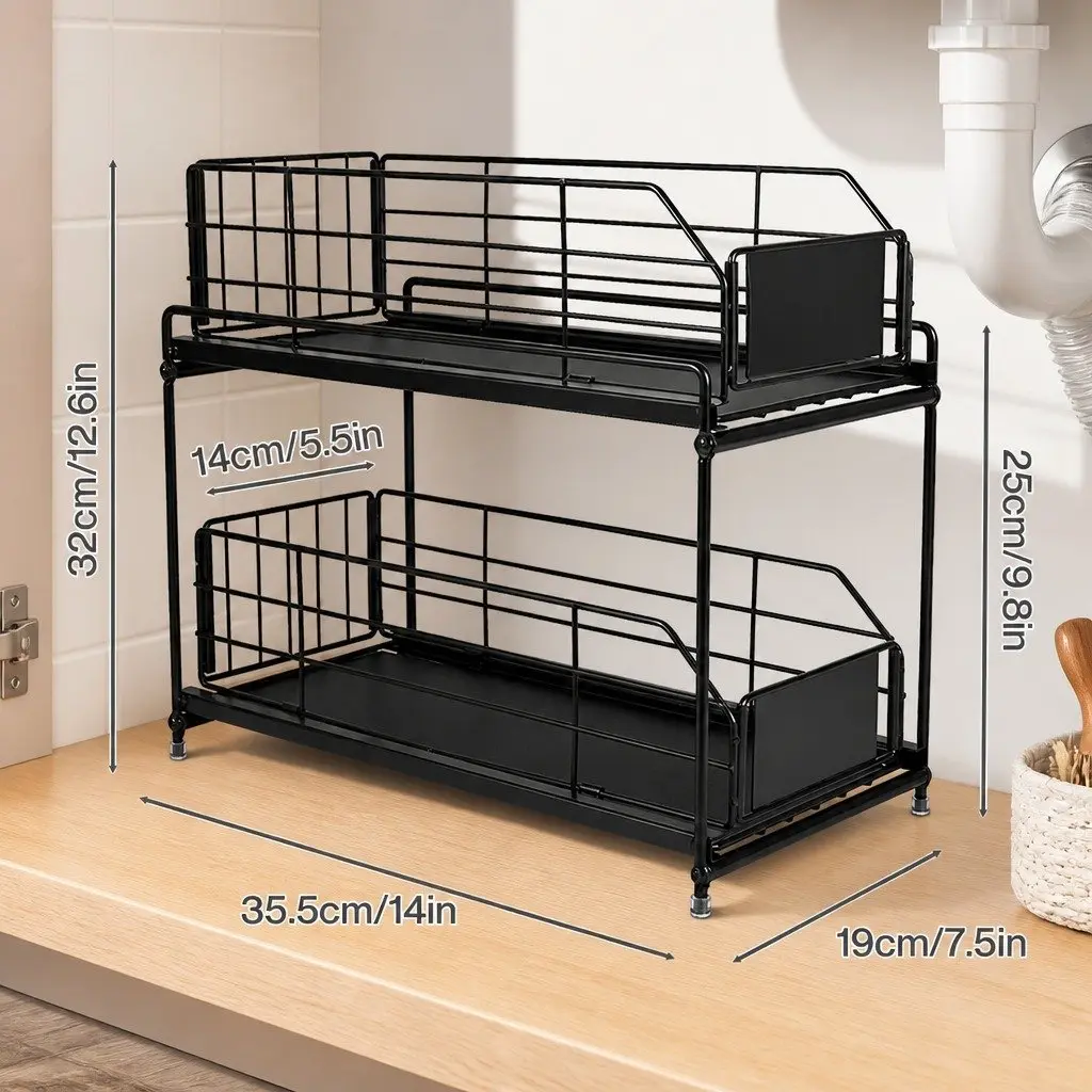 2 Tier Pull Out Cabinet Organizer Sliding Kitchen Storage Rack Under Sink Basket