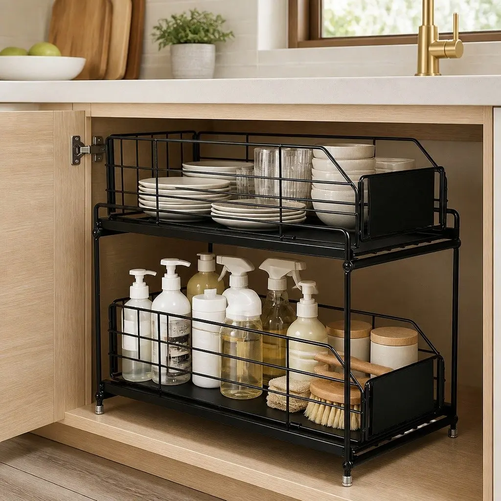 2 Tier Pull Out Cabinet Organizer Sliding Kitchen Storage Rack Under Sink Basket