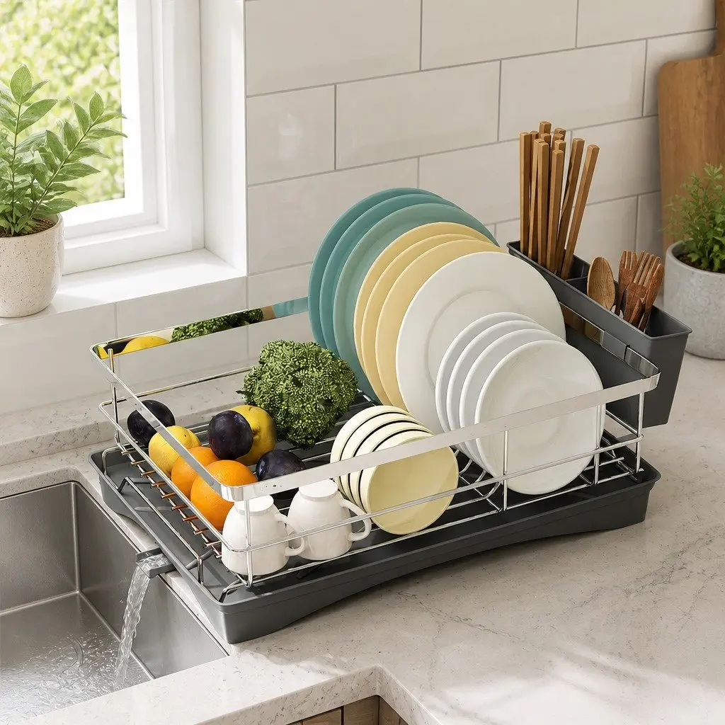 Dish Drying Rack Kitchen Organizer Stainless Steel 49cm Silver