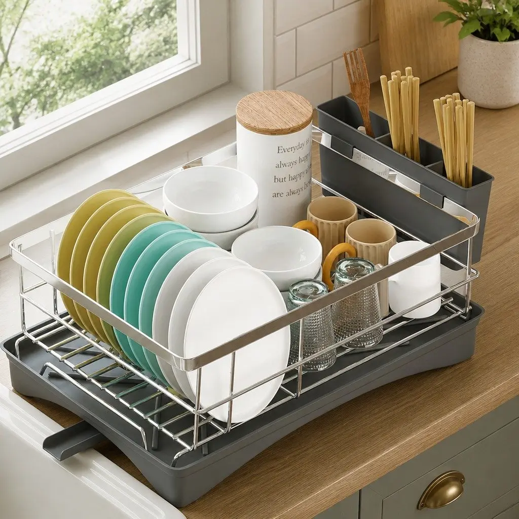 Dish Drying Rack Kitchen Organizer Stainless Steel 49cm Silver