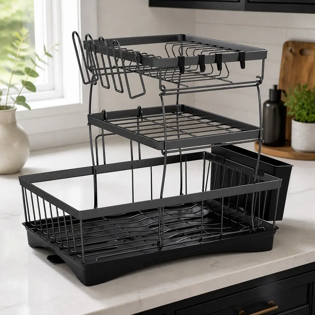 3 Tier Dish Drying Rack Plate Drainer Cutlery Holder Cup Organizer Black