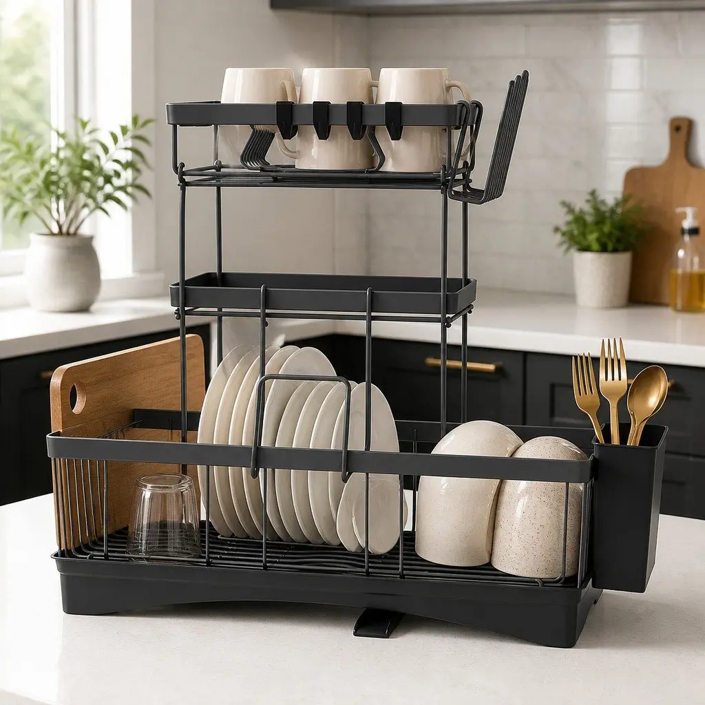 3 Tier Dish Drying Rack Plate Drainer Cutlery Holder Cup Organizer Black