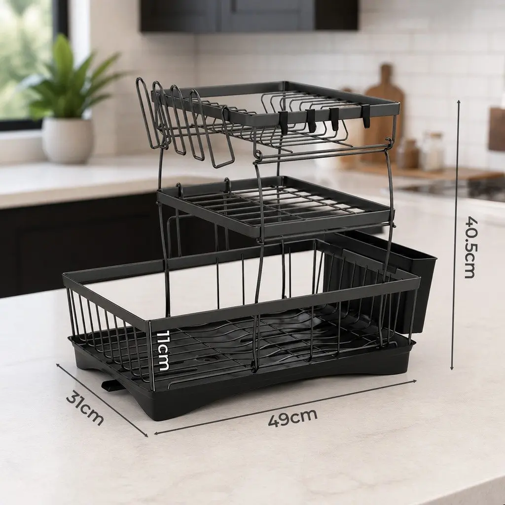 3 Tier Dish Drying Rack Plate Drainer Cutlery Holder Cup Organizer Black
