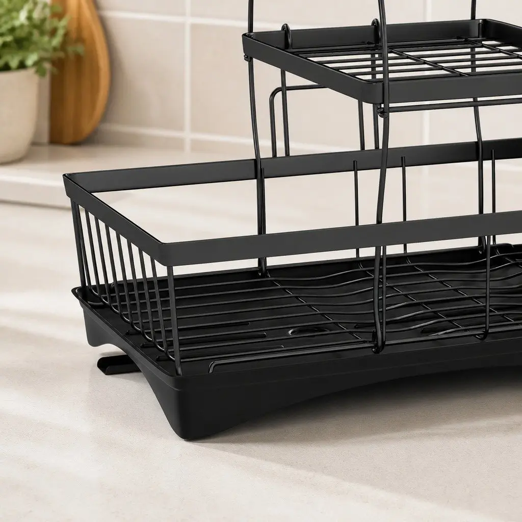 3 Tier Dish Drying Rack Plate Drainer Cutlery Holder Cup Organizer Black