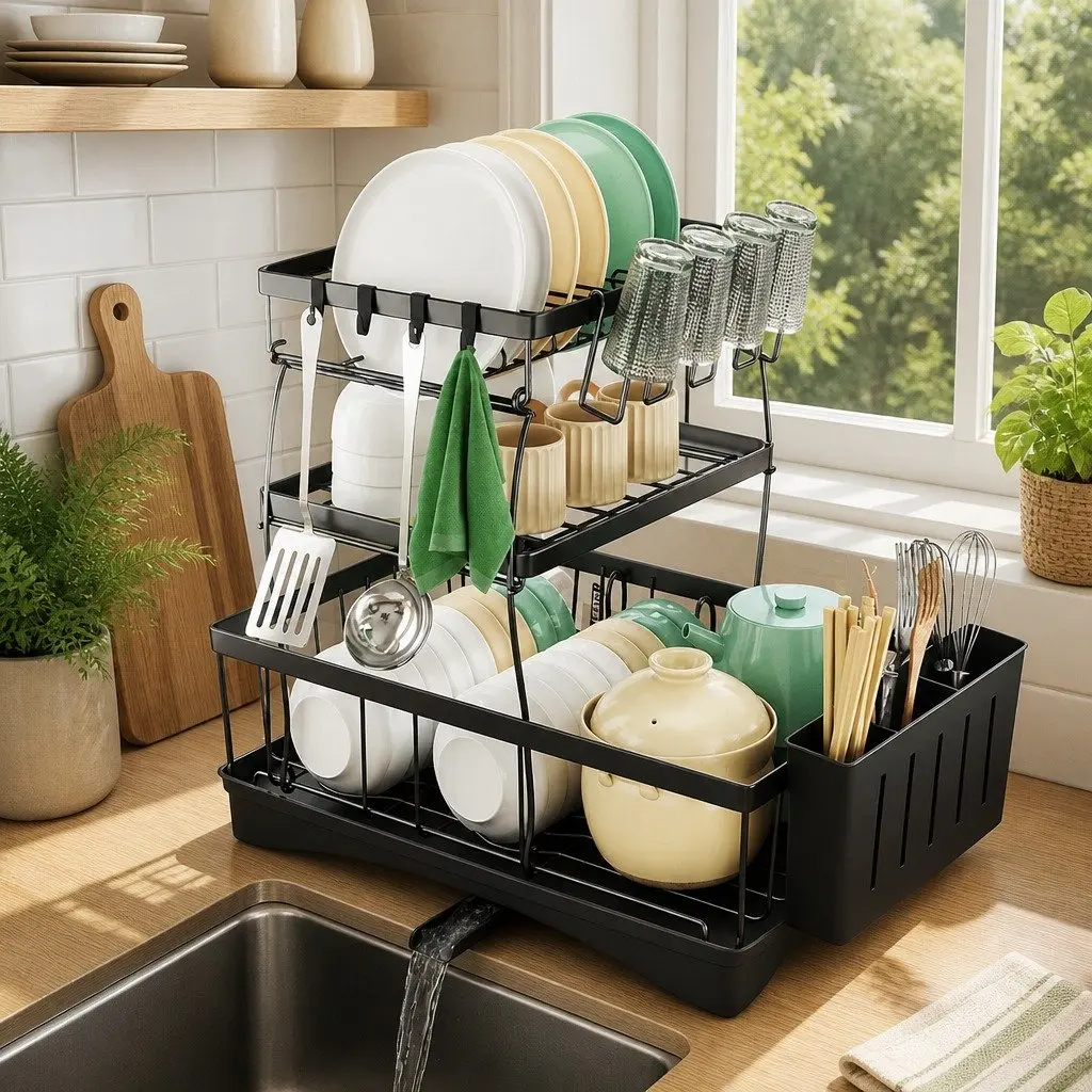 3 Tier Dish Drying Rack Plate Drainer Cutlery Holder Cup Organizer Black