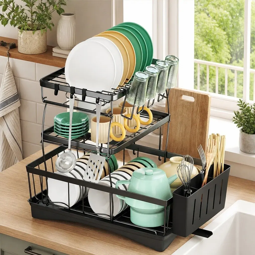 3 Tier Dish Drying Rack Plate Drainer Cutlery Holder Cup Organizer Black