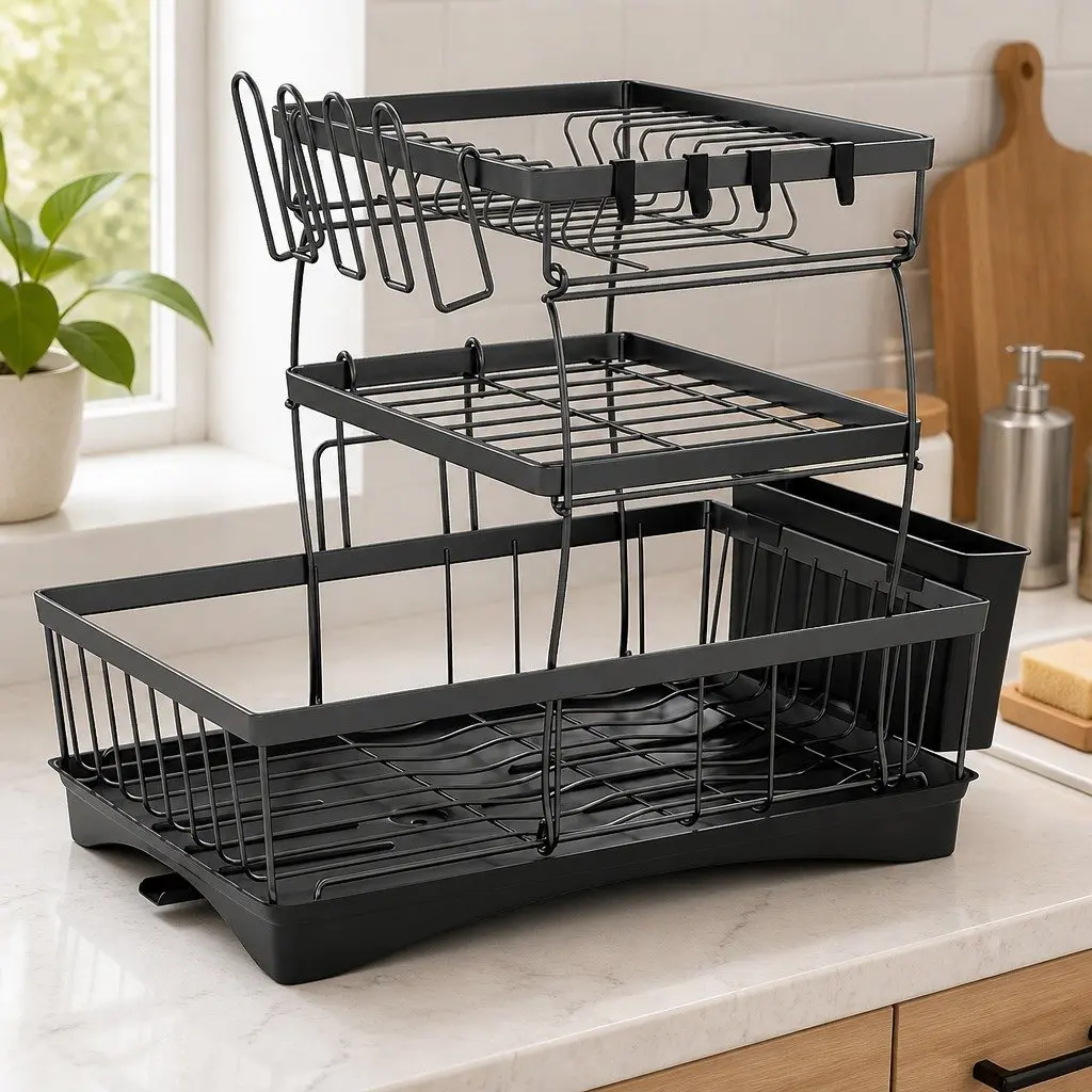 3 Tier Dish Drying Rack Plate Drainer Cutlery Holder Cup Organizer Black
