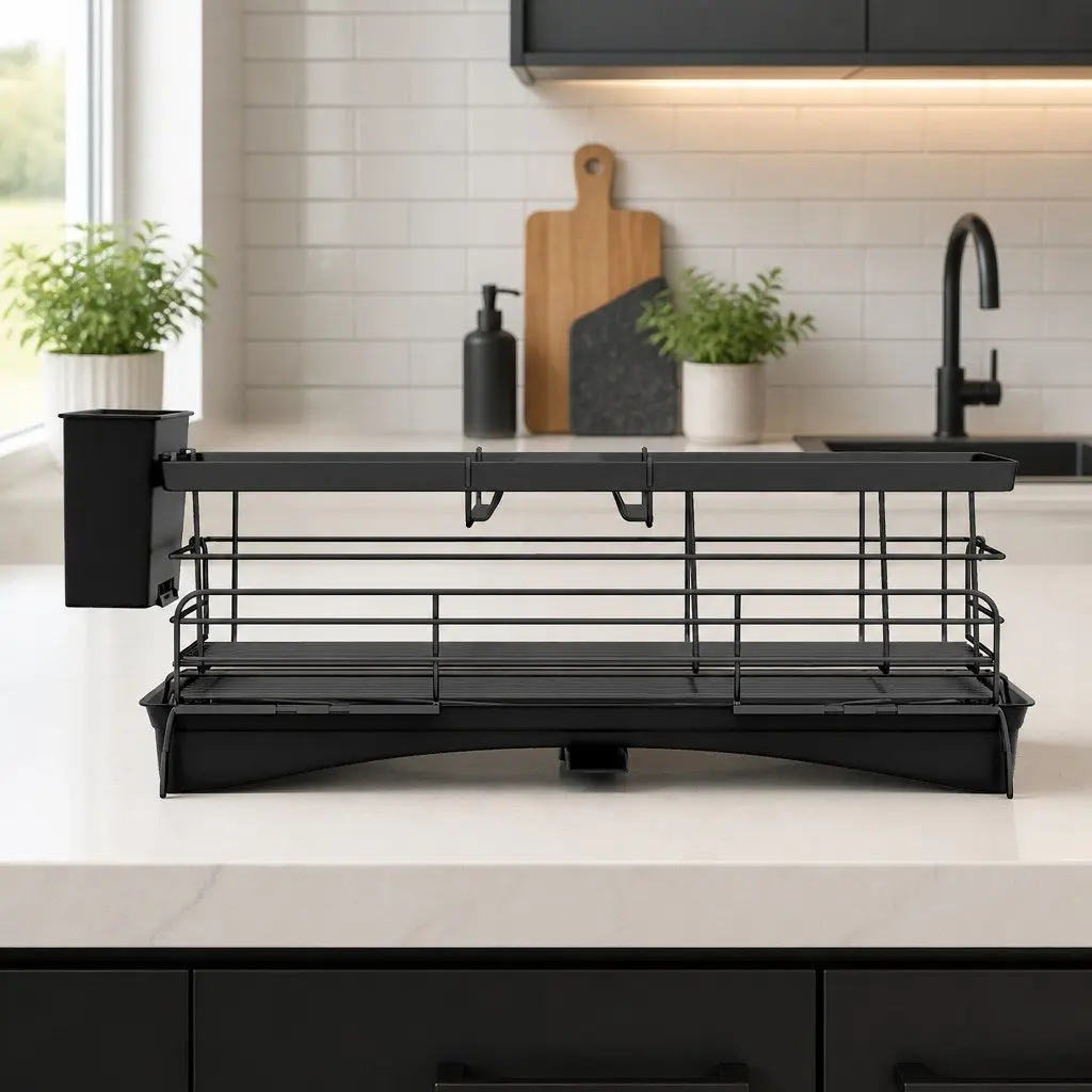 Expandable Dish Drying Rack Kitchen Countertop Space Saving 42cm to 54cm Black