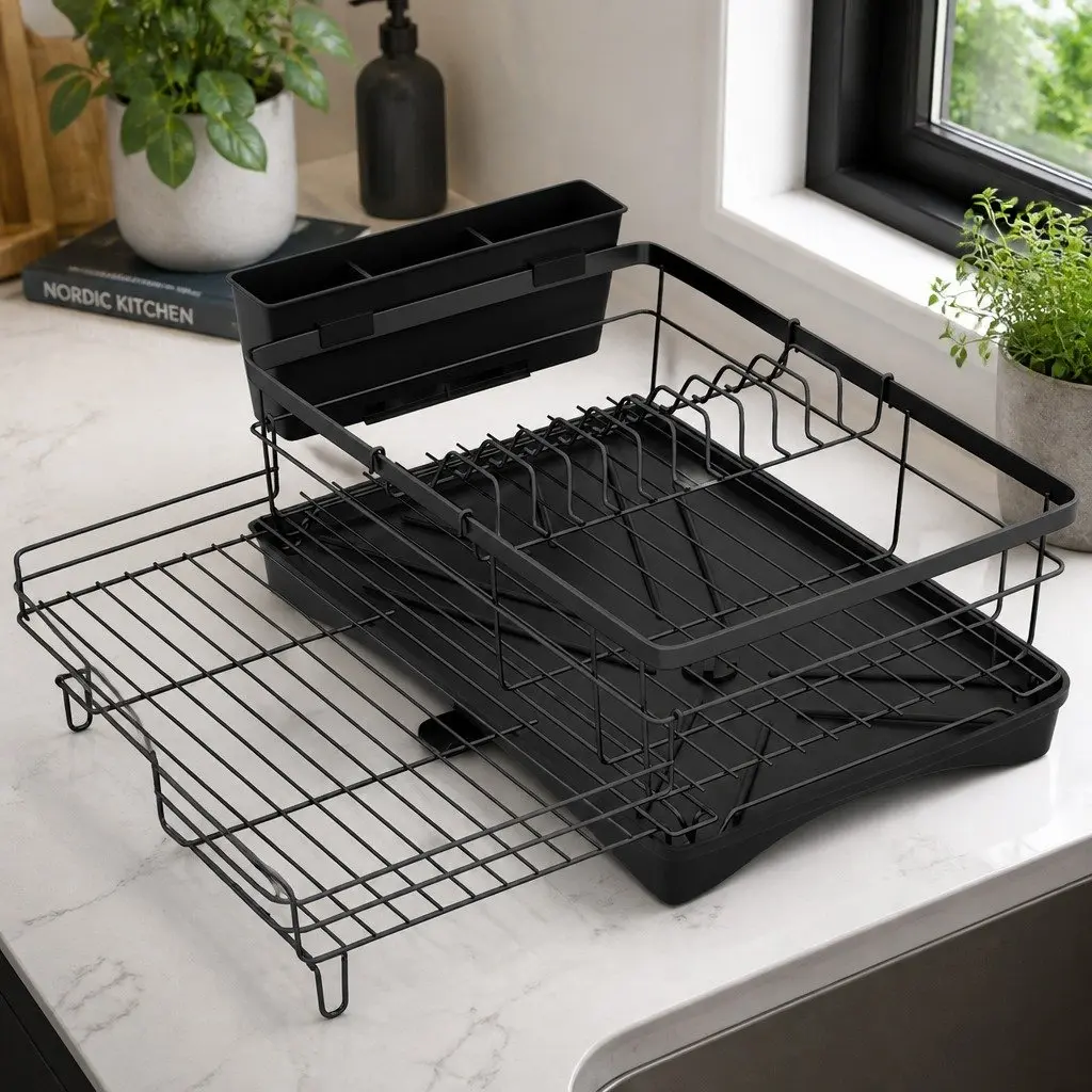 Expandable Dish Drying Rack Kitchen Countertop Space Saving 42cm to 54cm Black