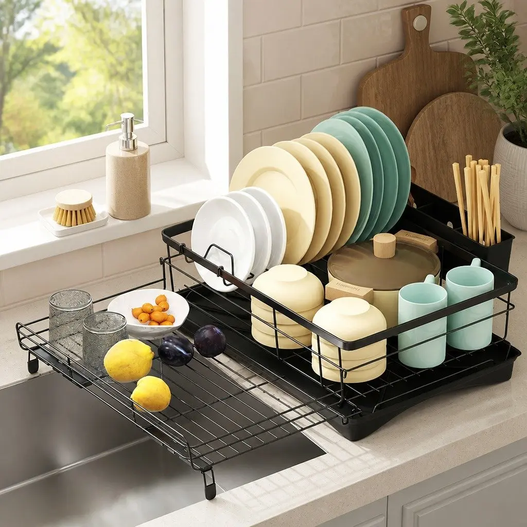 Expandable Dish Drying Rack Kitchen Countertop Space Saving 42cm to 54cm Black