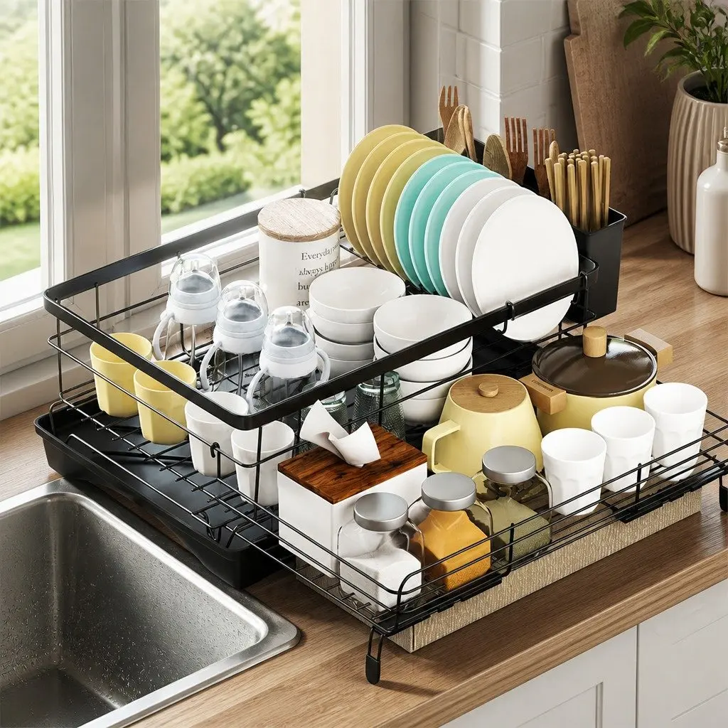 Expandable Dish Drying Rack Kitchen Countertop Space Saving 42cm to 54cm Black