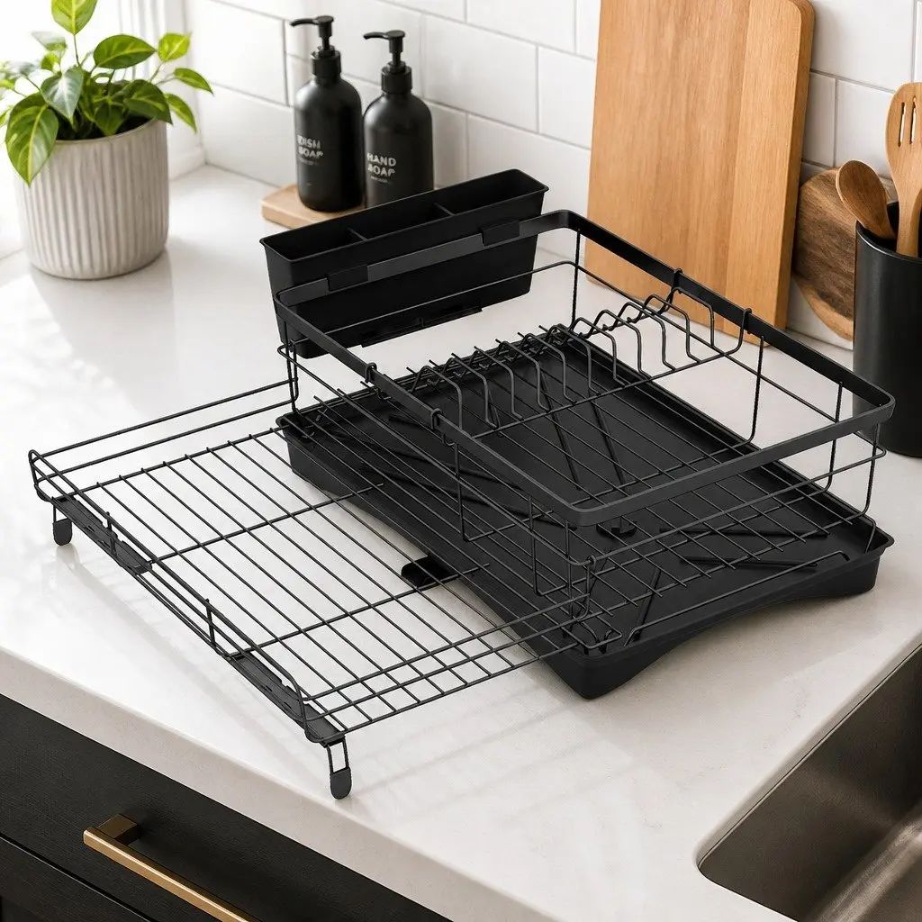 Expandable Dish Drying Rack Kitchen Countertop Space Saving 42cm to 54cm Black