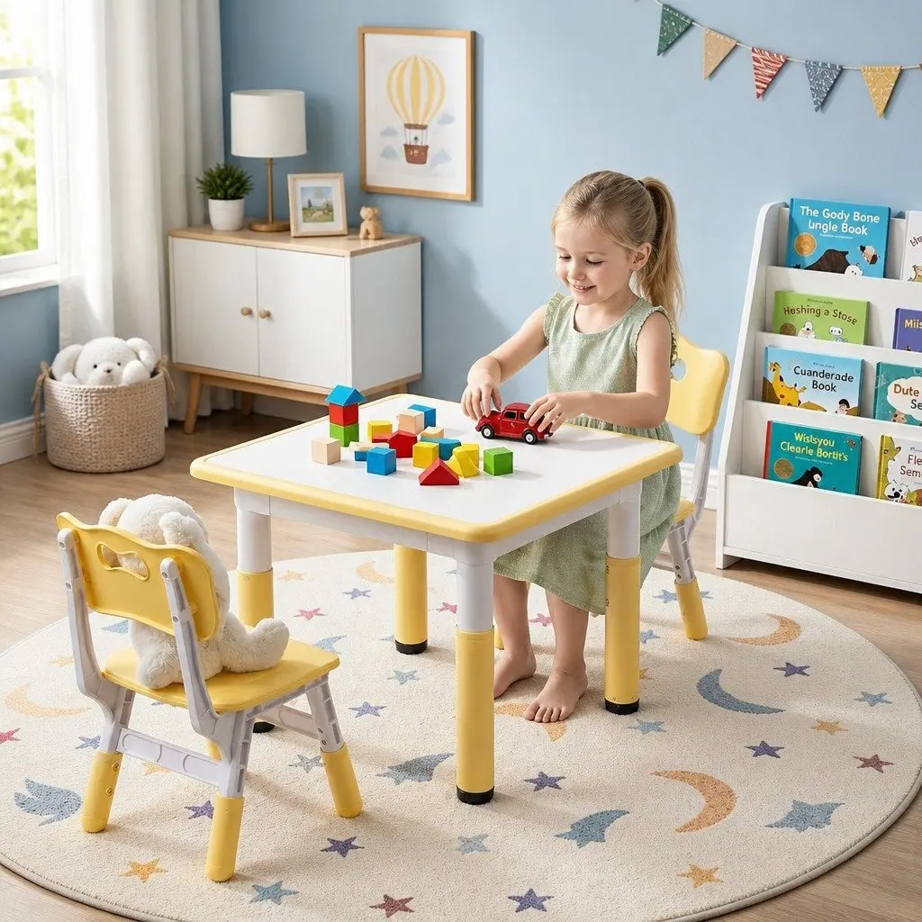 Kids Table and Chairs Set Height Adjustable Activity Desk for Ages 3-8 White or Natural