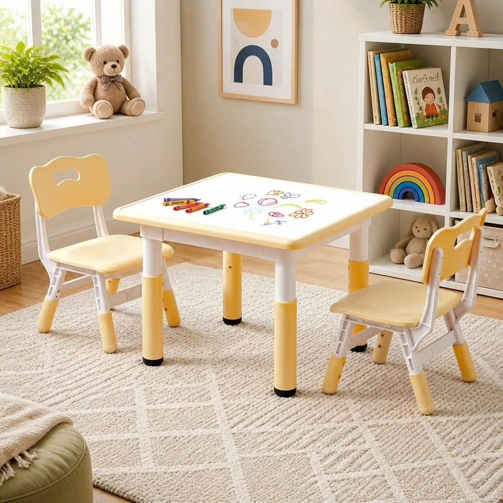 Kids Table and Chairs Set Height Adjustable Activity Desk for Ages 3-8 White or Natural