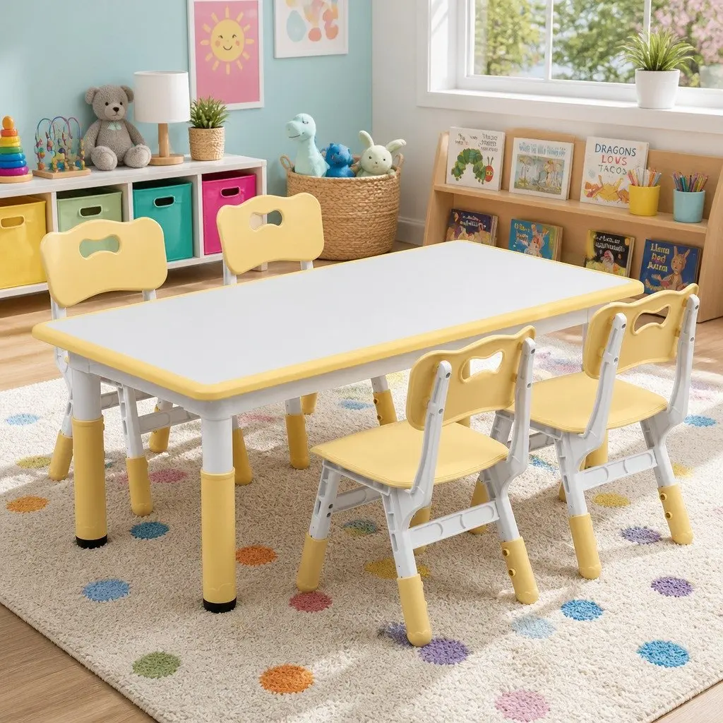 Kids Table and Chairs Set Adjustable Activity Desk Drawing Toddler White or Yellow