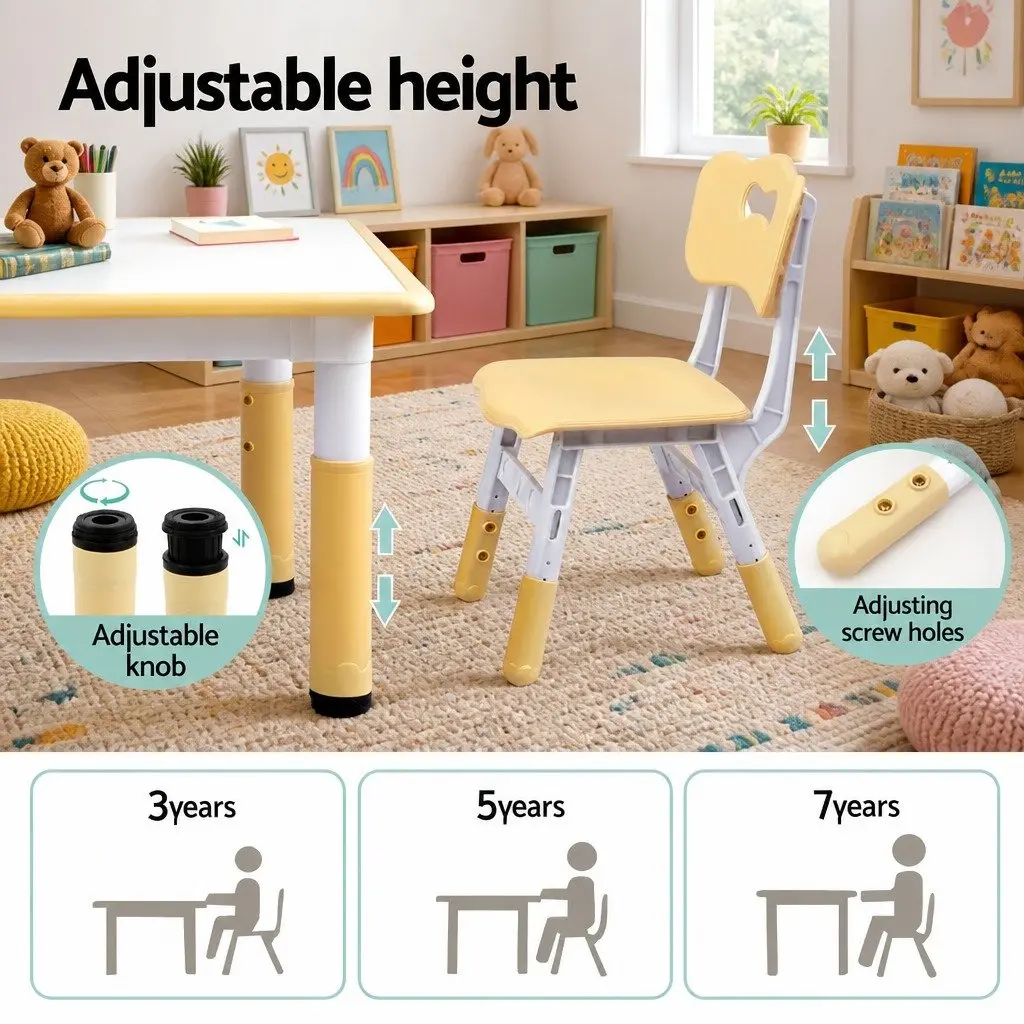 Kids Table and Chairs Set Adjustable Activity Desk Drawing Toddler White or Yellow