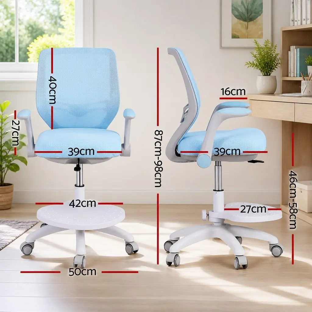 Kids Study Chair Adjustable Height Ergonomic Wheels Footrest Blue