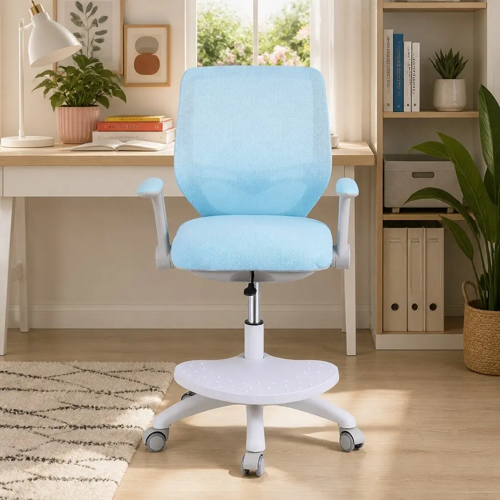 Kids Study Chair Adjustable Height Ergonomic Wheels Footrest Blue