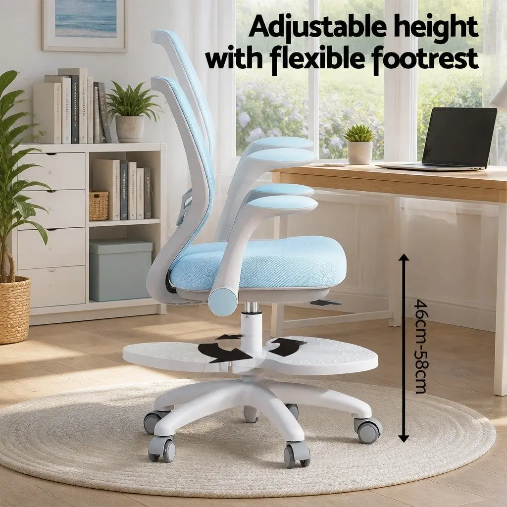 Kids Study Chair Adjustable Height Ergonomic Wheels Footrest Blue