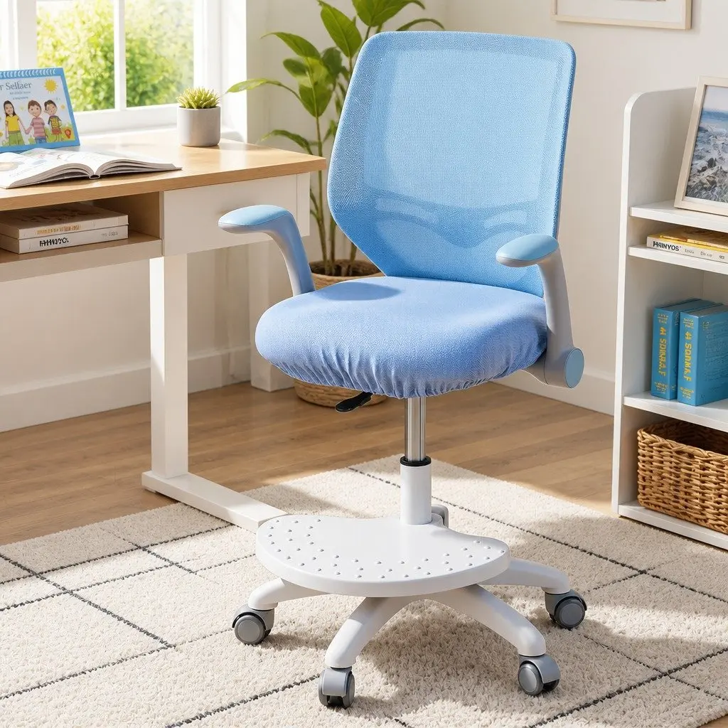 Kids Study Chair Adjustable Height Ergonomic Wheels Footrest Blue