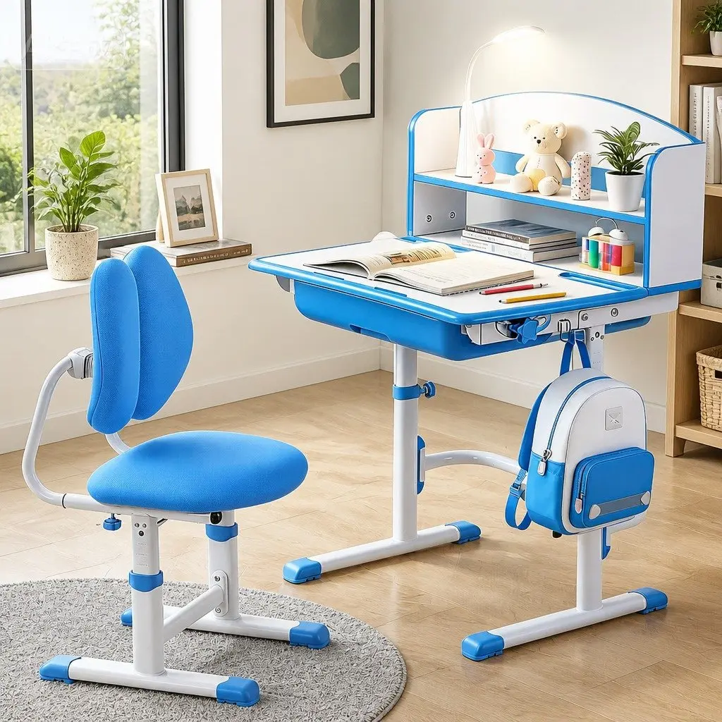 Kids Study Desk Chair Set Height Adjustable Ergonomic Blue