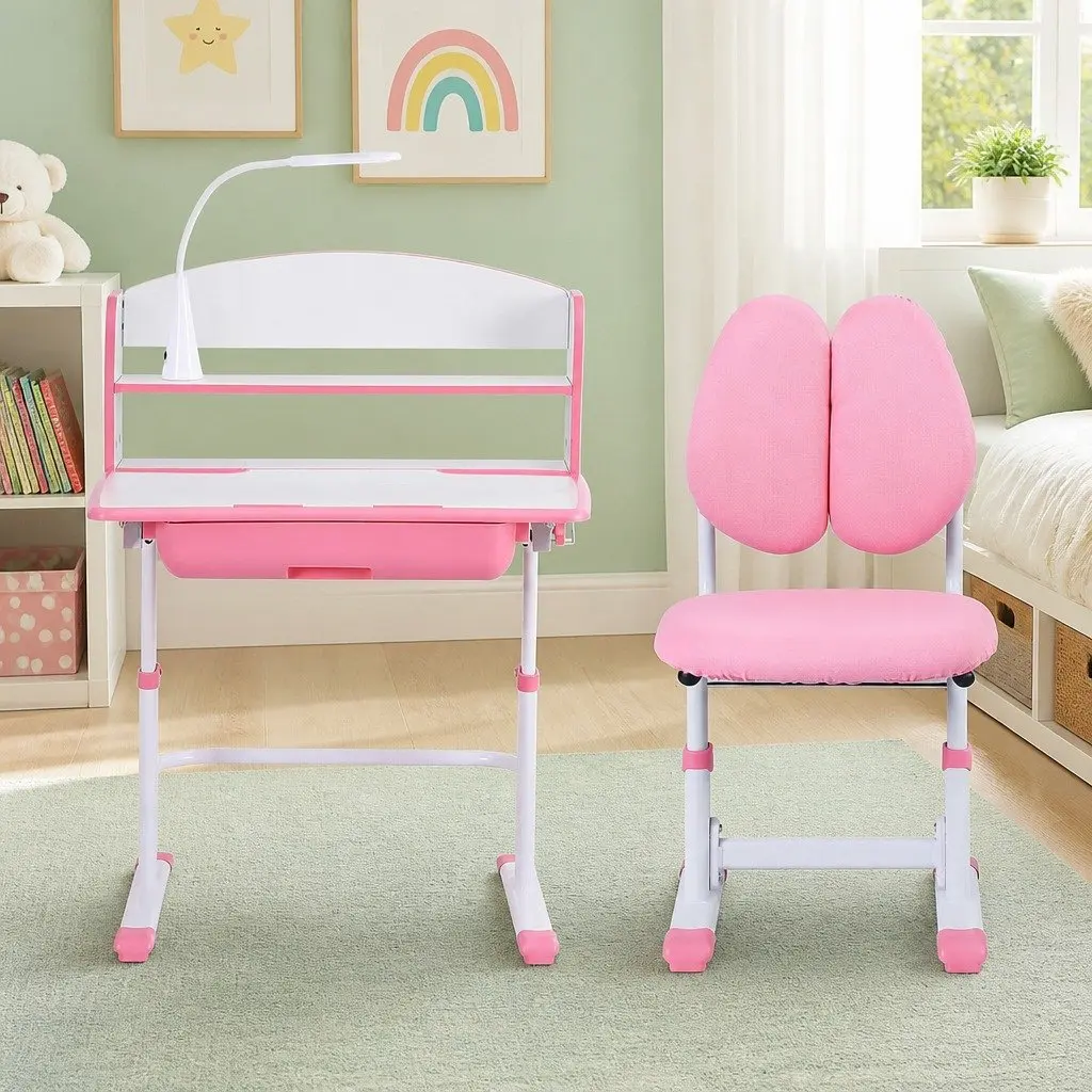Kids Study Desk Chair Set Height Adjustable Ergonomic Pink
