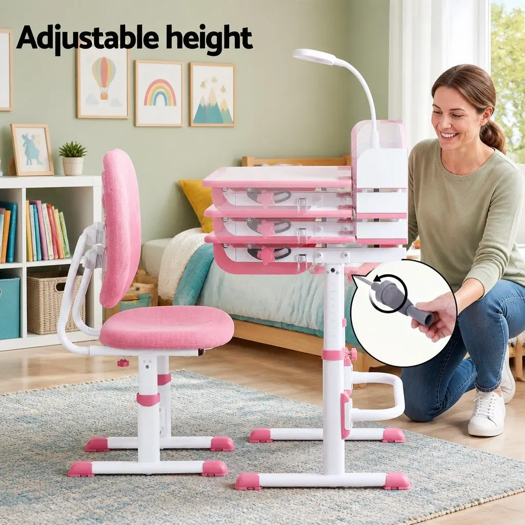 Kids Study Desk Chair Set Height Adjustable Ergonomic Pink