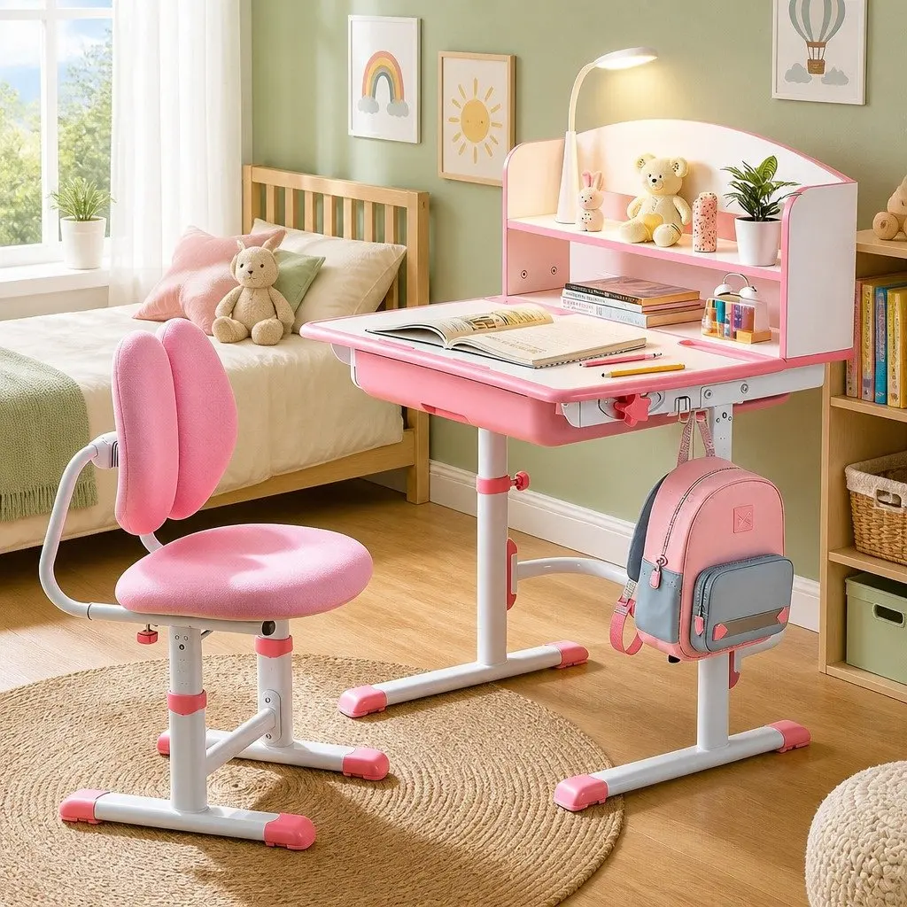 Kids Study Desk Chair Set Height Adjustable Ergonomic Pink
