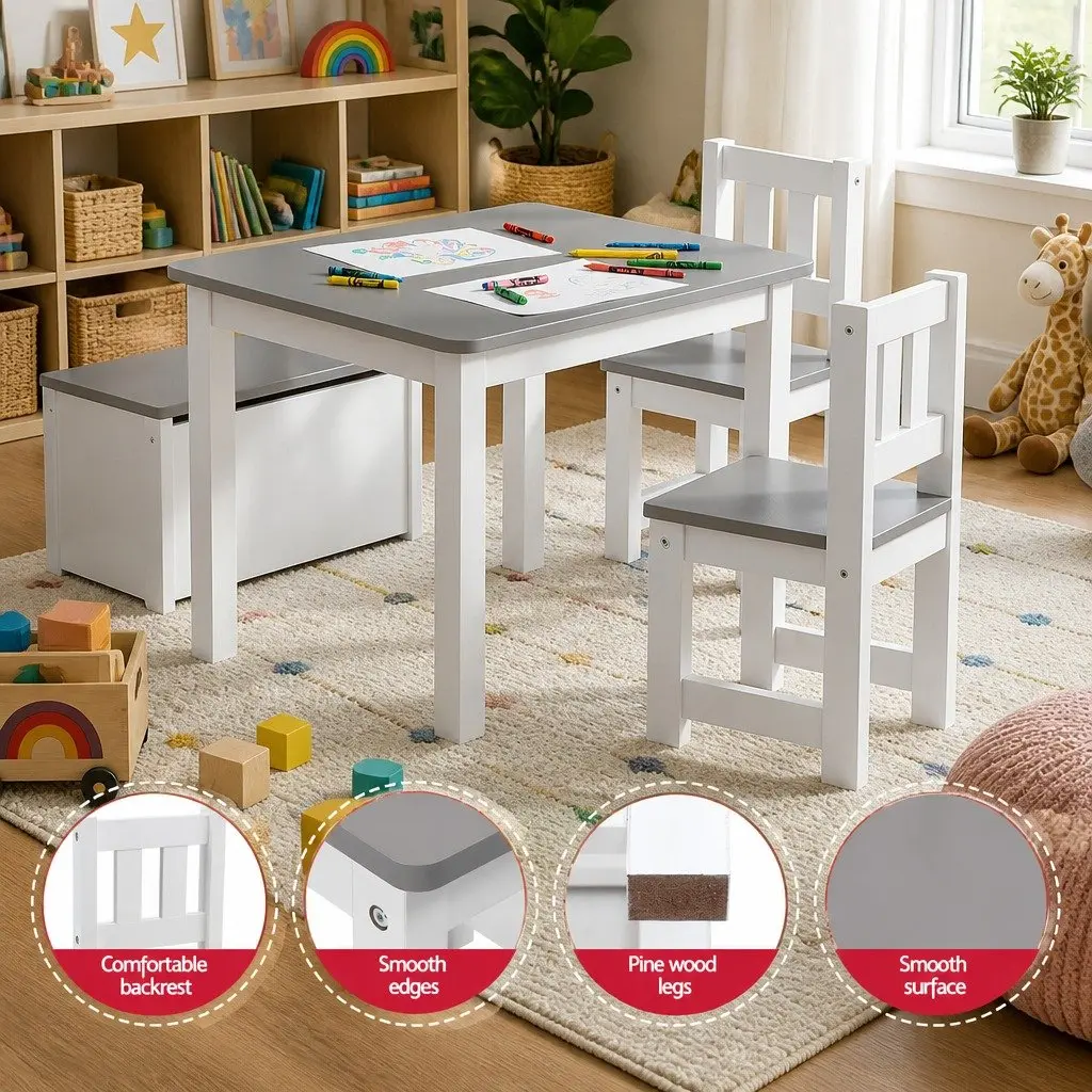 Kids Activity Table and Chair Set 4 Piece Grey Toddler Furniture