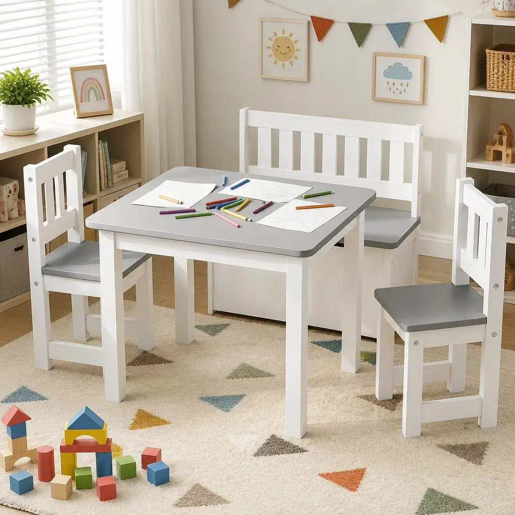 Kids Activity Table and Chair Set 4 Piece Grey Toddler Furniture
