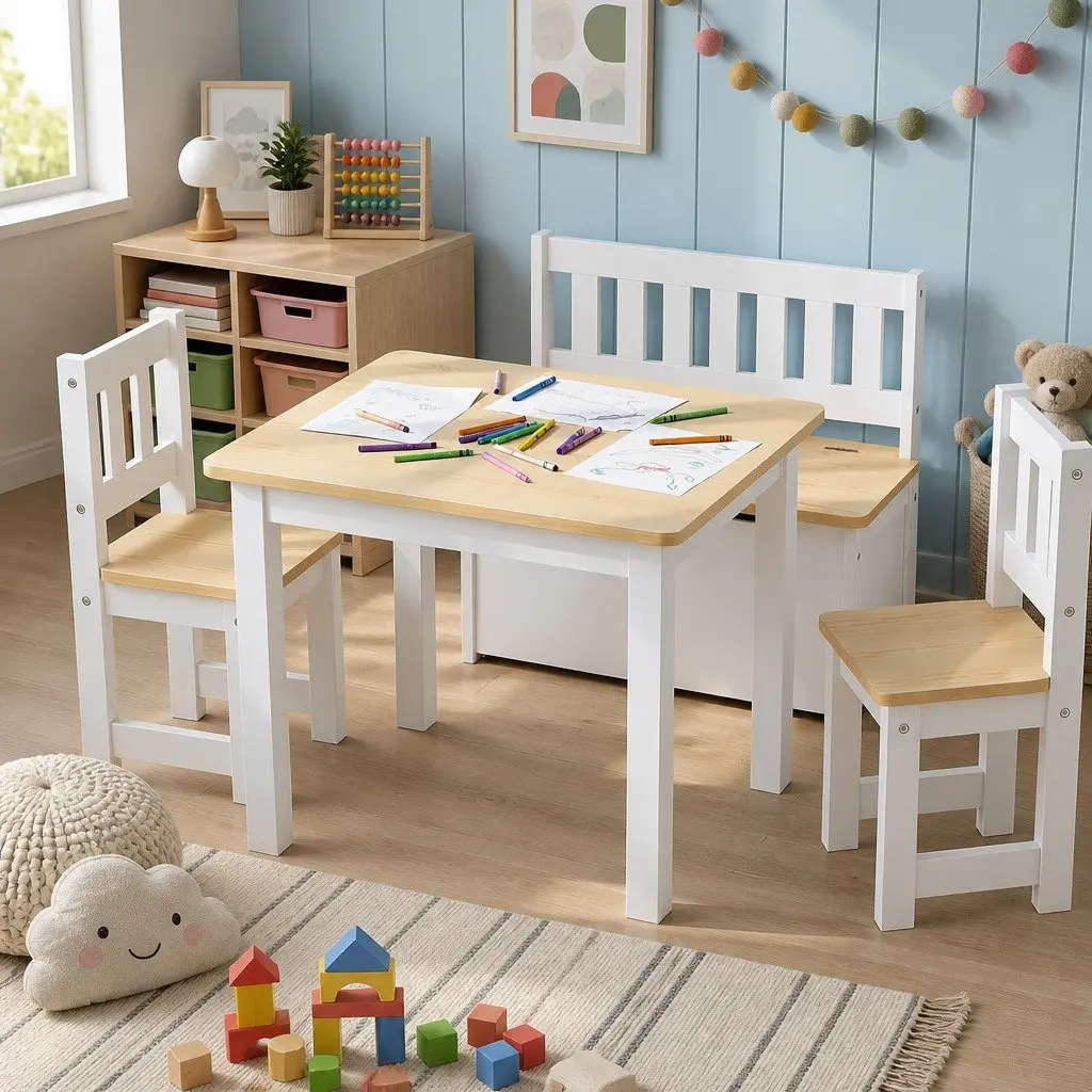 Kids Activity Table and Chair Set 4 Piece Storage Bench Toddler Furniture White and Natural Teakwood