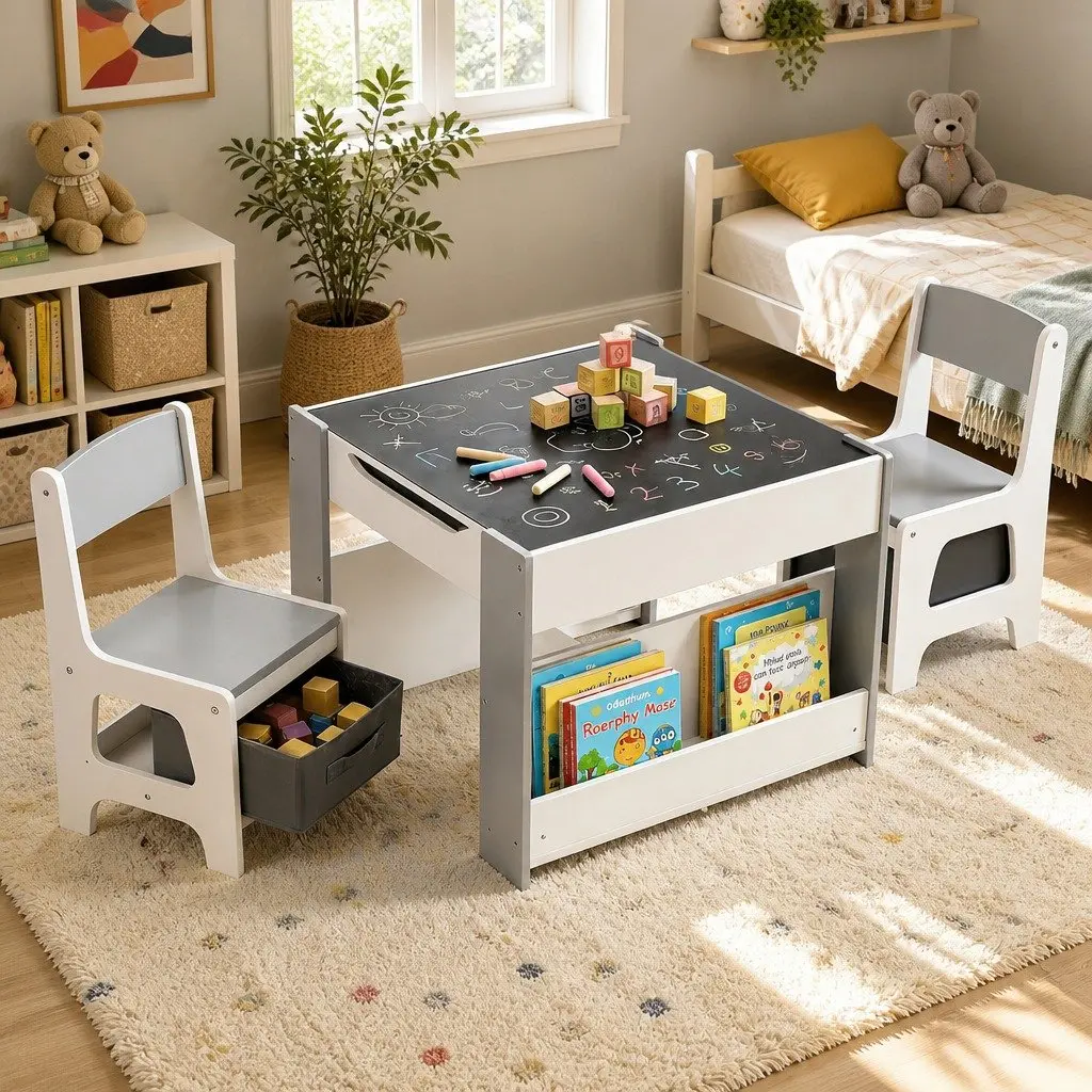 Kids Table and Chair Set 4 in 1 Wooden Activity Desk Blackboard Whiteboard