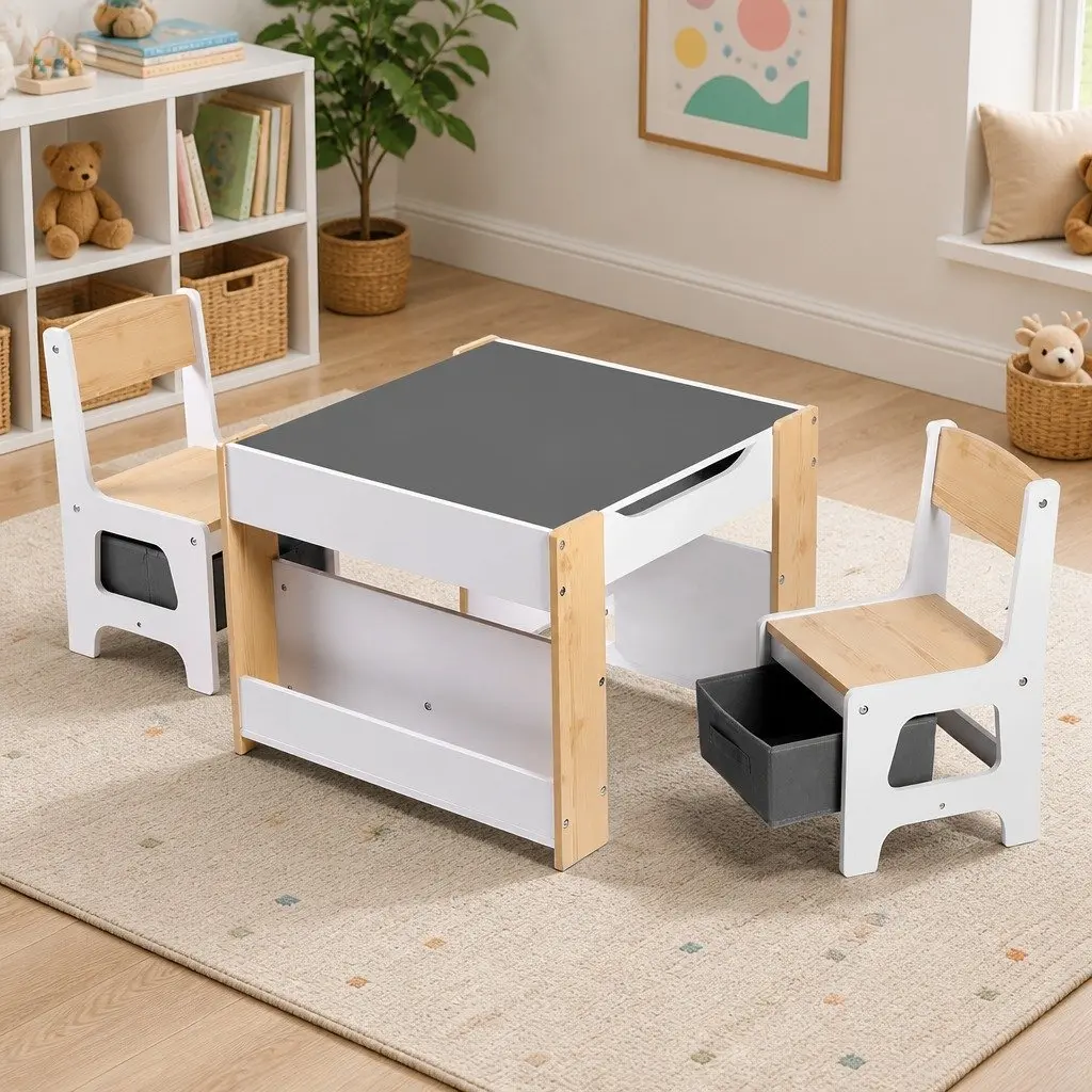 Kids Table and Chair Set 4 in 1 Wooden Activity Desk with Blackboard Whiteboard White Natural