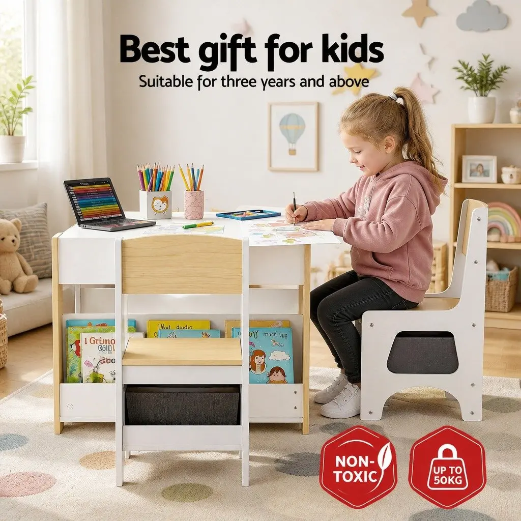 Kids Table and Chair Set 4 in 1 Wooden Activity Desk with Blackboard Whiteboard White Natural