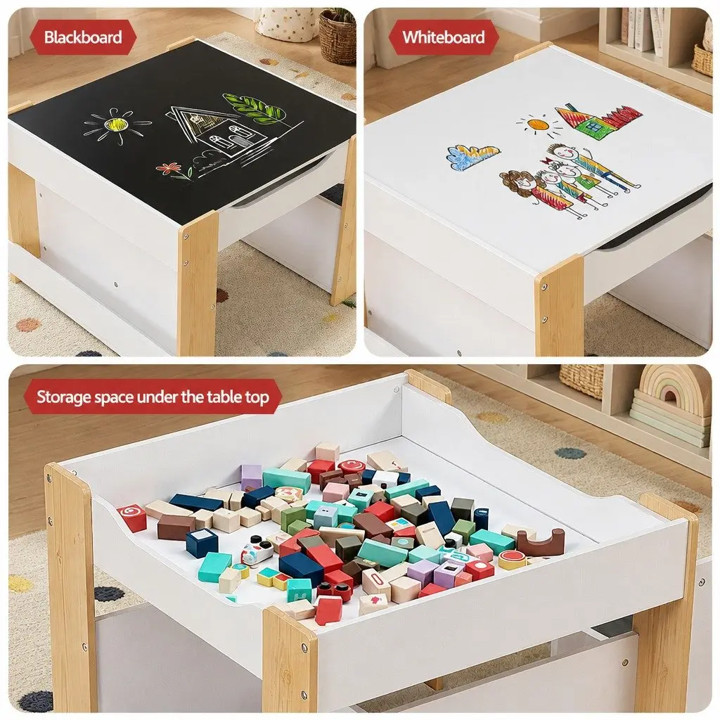 Kids Table and Chair Set 4 in 1 Wooden Activity Desk with Blackboard Whiteboard White Natural