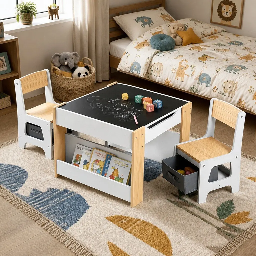 Kids Table and Chair Set 4 in 1 Wooden Activity Desk with Blackboard Whiteboard White Natural