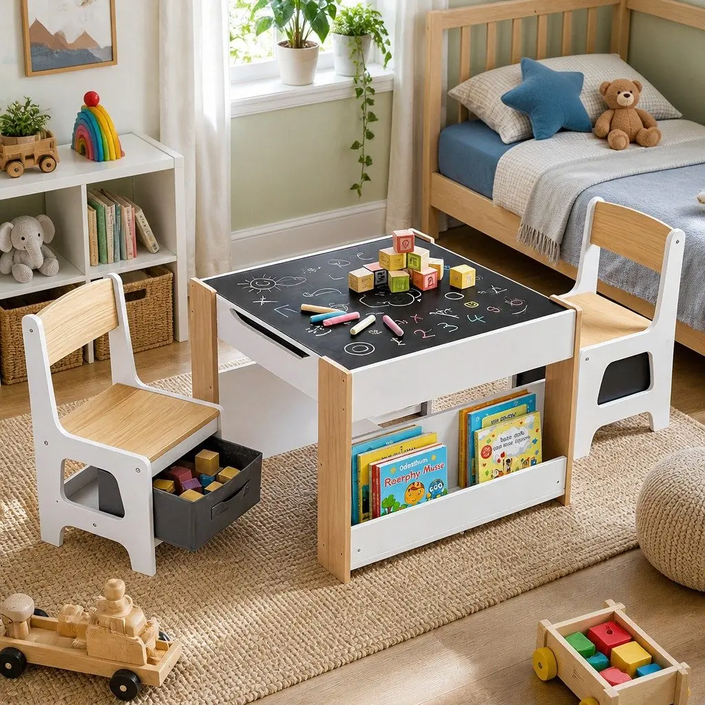 Kids Table and Chair Set 4 in 1 Wooden Activity Desk with Blackboard Whiteboard White Natural